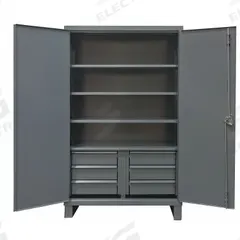 DURHAM MFG Storage Cabinet: 48 in x 24 in x 78 in, Swing Handle & Padlock Hasp, 12 ga Panel Thick (MPN HDCD244878-6B95). Key specifications — Cabinet Color: Gray; Method of Construction: Welded; Base Type: Legs; Assembled: Assembled; Mobility: Stationary; Adjustable Shelves: Adjustable; Cabinet Finish: Powder Coated; Cabinet Material: Steel.
