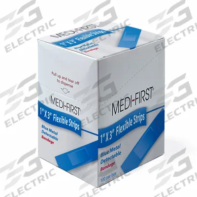 MEDI-FIRST Adhesive Bandage: Strip Bandages, 1 in Wd, 3 in Lg, Metal Detectable, Fabric - Metal Detectable Strip Bandages