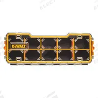DEWALT Compartment Box: 17 5/8 in x 6 5/8 in x 2 7/8 in, Black/Yellow, 10 Compartments, Snap (MPN DWST14835). Key specifications — ESD Conductive: Not Electrostatic Discharge Conductive; Color: Black/Yellow; Brand: DEWALT; Material: Plastic.