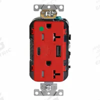 USB Receptacle: Duplex, 5-20R, 1 USB Ports, USB Type A/C, Red, 125V AC, 20 A (MPN T5833-HGR). Key specifications — Brand: LEVITON.