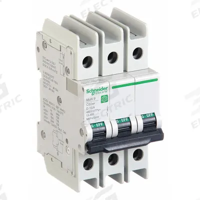 SCHNEIDER Miniature Circuit Breaker: 10 A Amps, 14kA at 120/240V AC, Screw Clamp - D-Curve, 3-Pole UL489 DIN Rail-Mount Miniature Circuit Breakers