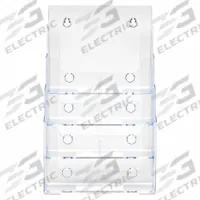 DEFLECTO Literature Rack: 4 Compartments, Crystal Clear, Polystyrene, 13 5/8 in Overall Ht (MPN 77441). Key specifications — Material: Polystyrene; Brand: DEFLECTO; Color: Crystal Clear.