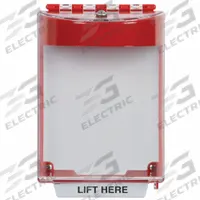 SAFETY TECHNOLOGY INTERNATIONAL Pull Station Cover w/Horn: Polycarbonate, 5 7/16 in Overall Dp (MPN STI-13220NR). Key specifications — Manufacturer Part Number: STI-13220NR; Brand: SAFETY TECHNOLOGY INTERNATIONAL; Color: Red; For Location: Indoor; For Use With: Intercom Stations; Includes: Mounting Hardware; Legend: LIFT HERE; Mounting Location: Wall Mount.