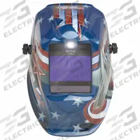 LINCOLN ELECTRIC Welding Helmet: Auto-Darkening, 4 Arc Sensors, Blue/Red/White, American Flag (MPN K3174-5). Key specifications — Color: Blue; Suspension Adjustment Type: Ratchet; Series: Viking 2450; Graphics: American Flag; Viewing Area: 3.82 in x 2.44 in; Brand: LINCOLN ELECTRIC; Grind Mode: Yes; Helmet Material: Proprietary Nylon.
