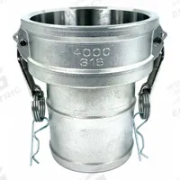 Cam and Groove Coupling: 4 in Coupling Size, 100 psi Max. Working Pressure @ 70 F, Male Hose Shank (MPN PLE145). Key specifications — Gasket Material: Nitrile; Fitting Type: Male Hose Shank; Includes Locking Arm: Yes; Body Material: 316 Stainless Steel; Brand: APPROVED VENDOR.