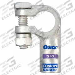 FUSION Battery Terminal: Left Elbow, Solder, 3/0 ga, Purple Color, Negative, Copper/Tin (MPN 426330-525-001N). Key specifications — Contact Material: Tin; Alignment: Left Elbow; Color Code: Purple; Connection Type: Solder; Gauge: 3/0 ga; Polarity: Negative; Brand: FUSION.