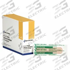 FIRST AID ONLY Adhesive Bandage: Strip Bandages, 3/4 in Wd, 3 in Lg, Not Metal Detectable, Plastic (MPN G155). Key specifications — Product Type: Strip Bandages; Unitized: Unitized; Water Resistance: Water Resistant; Brand: FIRST AID ONLY; Latex Content: Latex Free; Metal Detectable: Not Metal Detectable; Package Type: Box; Manufacturer Part Number: G155.