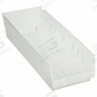 AKRO-MILS Shelf Bin: 17 7/8 in Overall Lg, 6 5/8 in x 4 in, Clear, Nesting Capable, Not Hangable (MPN 30138SCLAR). Key specifications — attr1179622: AKRO-MILS; attr1179611: 0%; attr1179616: 30138SCLAR; attr1179624: Dividers Not Included; attr1249172: Not Electrostatic Discharge Conductive.