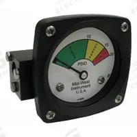 MIDWEST INSTRUMENT 3-Color Differential Pressure Indicator: 1,000 psig Max. Static Pressure, 522 (MPN 522A-020V). Key specifications — Brand: MIDWEST INSTRUMENT; Accuracy: ±5% of Full Scale; Sensor Material: Viton; Housing Material: Aluminum; Transition Points: 0 psid to 10 psid (Green) / 10 psid to 15 psid (Yellow) / 15 psid to 20 psid (Red).