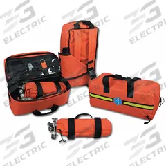 EMI Airway Trauma Response Bag: 23 in L x 12 in W x 10 in D, Zipper, Orange, Nylon (MPN 879). Key specifications — Closure Type: Zipper; Material: Nylon; Brand: EMI; Color: Orange; Features: Detachable Laryngoscope/Airway Panel.