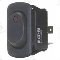 EATON Lighted Rocker Switch: 2 Positions, SPST, Off/On (MPN XR1AEX2NV1XX). Key specifications — AC Contact Rating: 16 A @ 125 V; Horsepower: 3/4 hp @ 277 V; Operator Illumination: Illuminated; Terminal Connection Type: 0.25 in Quick Connect Tab; Includes Lens: No Lens Included; Series: X; Displayed Brand: EATON; Manufacturer Part Number: XR1AEX2NV1XX.