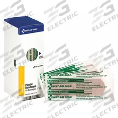 FIRST AID ONLY Adhesive Bandage: Strip Bandages, 1 in Wd, 3 in Lg, Plastic, Water Resistant, Strip (MPN FAE-3100). Key specifications — Product Type: Strip Bandages; Unitized: Unitized; Water Resistance: Water Resistant; Brand: FIRST AID ONLY; Latex Content: Latex Free; Package Type: Box; Manufacturer Part Number: FAE-3100; Bandage Material: Plastic.