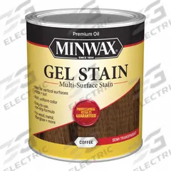 MINWAX Wood Stain: Wood Stain, Interior, Oil, 1 qt Container Size, Fiberglass/Metal/PVC/Wood, Coffee (MPN 660910000). Key specifications — Brand: MINWAX; Transparency: Semi-Transparent; Use Location: Interior; Sub-Brand: Gel Stain; Color: Coffee.