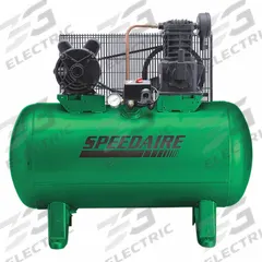 SPEEDAIRE Electric Air Compressor: 2 hp, 1 Stage, Horizontal, 30 gal, 4.9 cfm, 135 psi, Base Model (MPN 4B234). Key specifications — attr48430: SPEEDAIRE; attr48445: 60 Hz; attr48448: Manual Drain Valve; attr48450: 120V AC; attr48474: Single; attr48487: Horizontal.