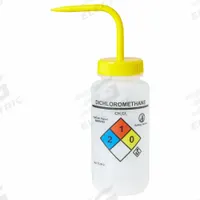 APPROVED VENDOR Wash Bottle: 500 mL, Dichloromethane, Yellow, Wide, Vented Spout Spout, Colorless (MPN UN370055). Key specifications — Closure Color: Yellow; Vented/Nonvented: Vented; Body Color: Colorless; Brand: APPROVED VENDOR; Imprinting Group: Specific Chemicals.
