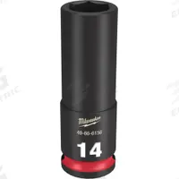 MILWAUKEE Deep Impact Socket: 3/8 in Drive Size, Metric, 14 mm Socket Size, 6-Point, Deep, Friction (MPN 49-66-6156). Key specifications — attr1215501: MILWAUKEE; attr1215515: Black Phosphate; attr1215518: 14 mm.
