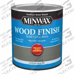 MINWAX Wood Stain: Wood Stain, Interior, Water, 1 qt Container Size, Wood, Satin, Classic Gray (MPN 108210000). Key specifications — Brand: MINWAX; Transparency: Solid; Use Location: Interior; Sheen: Satin; Sub-Brand: Wood Finish; Color: Classic Gray.