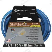 SOUTHWIRE Extension Cord: Outdoor Use, 50 ft Lg, Outlet, 5-15P, 12/3, SJEOW, Blue/White, 125V AC (MPN 1638SW0061). Key specifications — Brand: SOUTHWIRE; Temperature Rating: -94° to 221°F; NEMA Plug Configuration: 5-15P.