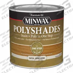MINWAX Wood Stain: Wood Stain and Sealer, Interior, Oil, 0.5 pt Container Size, Wood, Satin, 1 Step (MPN 213104444). Key specifications — Brand: MINWAX; Transparency: Semi-Transparent; Use Location: Interior; Sheen: Satin; Sub-Brand: PolyShades; Color: Honey Pine.