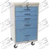 LAKESIDE Compact General Medical Supply Cart with Drawers: Steel, (2) Swivel/(2) Swivel with Brake (MPN SM-524-K-2SB). Key specifications — Material: Steel; Drawer Color: Light Blue; Brand: LAKESIDE; Caster/Wheel Configuration: (2) Swivel with Brake; Cabinet Color: Gray.