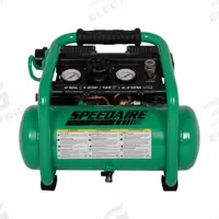 SPEEDAIRE Air Compressor: Quiet, Oil Free, 2 gal, Hot Dog, 1 hp, 2.4 cfm @ 90 psi, 120 VAC, 7.5 A (MPN 787U77). Key specifications — attr48686: Oil Free; attr48685: 120 VAC; attr48689: 1.7 cfm; attr48678: 7.5 A; attr48671: SPEEDAIRE; attr124308: Quiet (less than 75 dBA).
