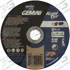 NORTON Cut-Off Wheel: Type 1, 6" x 0.045" x 7/8", Aluminum Oxide, 36 Grit, Gemini RightCut (MPN 66252841215). Key specifications — Series: Gemini RightCut; Brand: NORTON.
