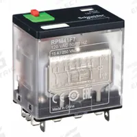 SCHNEIDER General Purpose Relay: Socket Mounted, 15 A Current Rating, 120V AC, 4PDT, F Socket (MPN RPM41F7). Key specifications — Brand: SCHNEIDER; Base Type: Square; Mounting Style: Plug-In; Pin Shape: Flat; Electrical Connection: Quick-Connect; Manufacturer Part Number: RPM41F7; Series: Harmony™ RPM Series.