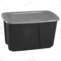 HOMZ Storage Tote: 32 gal, 31 7/8 in x 20 in x 17 3/4 in, Black Body, Gray Lid, More than 20 gal (MPN 6630GRBKTS.06). Key specifications — Material: Plastic; Body Color: Black; Lid Color: Gray; Brand: HOMZ.
