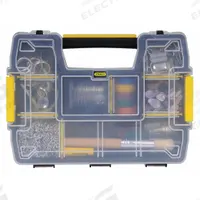 STANLEY Compartment Box: 11 1/2 in x 8 1/2 in x 2 7/8 in, Clear/Black/Yellow, 10 Compartments, Snap (MPN STST14021). Key specifications — ESD Conductive: Not Electrostatic Discharge Conductive; Color: Clear/Black/Yellow; Compartment WxD: 11-1/2 in x 2-3/4 in x 8-2/5 in; Brand: STANLEY; Material: Plastic.