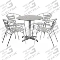 FLASH FURNITURE Round Patio Table Set: Gray, Metal Chair Back, 31 1/2 in Table Dia, Metal, 4 Chairs (MPN TLH-ALUM-32RD-017BCHR4-GG). Key specifications — Chair Seat Material: Metal; Includes Umbrella Hole: No; Table Frame Material: Aluminum; Brand: FLASH FURNITURE; Chair Back Material: Metal; Chair Frame Color: Gray; Chair Frame Material: Aluminum; Features: Plastic Floor Glides.