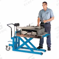 BISHAMON High-Lift Pallet Jack: 1,000 lb, Push Button, Std Fork, 43 in L x 27 in W Forks (MPN LVE-50WE). Key specifications — Lift Control: Push Button; Brand: BISHAMON.