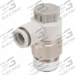 SMC Speed Control Valve: Elbow Fitting, Screw, 3/8 in Valve Body Size, 8 mm Push to Connect Tube (MPN AS3201F-03-08S). Key specifications — attr947203: Brass/PBT; attr947205: SMC.