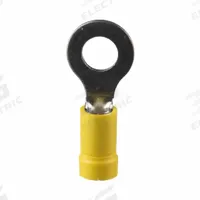 PANDUIT StrongHold(TM) EV10-14RB-Q Ring Terminal: Yellow, Vinyl Insulation, 1/4 in Stud Size, 600 V. Key specifications — attr1308027: PANDUIT; attr1356513: EV10; attr1356587: Funnel Entry.