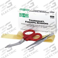 FIRST AID ONLY Tourniquet Combo Set: Rubber, 18 in Overall Lg, 2 1/8 in Overall Wd (MPN 17-014). Key specifications — Material: Rubber; Brand: FIRST AID ONLY; Color: Red.