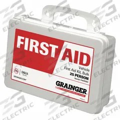 FIRST AID ONLY First Aid Kit and Housing: Gen Purpose, 25 People Served, 96 Components, Plastic (MPN 59381). Key specifications — Adhesive Bandages Included: (30) Bandages; Application: General Purpose; Brand: FIRST AID ONLY; Housing Color: White; Housing Material: Plastic; Includes Oral or Inhalant Medication: Medication Included; Mountable: Wall Mount; Oral and Inhalant Medicinals Included: (2) Antihistamines.