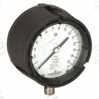 ASHCROFT Process Pressure Gauge: 0 psi to 15 psi, White, 4 1/2 in Dial, 1/2 in NPT Male, Bottom, PBT (MPN 451259SD04YLXCY15). Key specifications — Brand: ASHCROFT; Pointer Color: Black; Accuracy: ±0.5%; Dial Color: White; Gauge Wetted Parts: Stainless Steel; Case Material: PBT; Vibration Resistance Properties: None; Pressure Range: 0 psi to 15 psi.