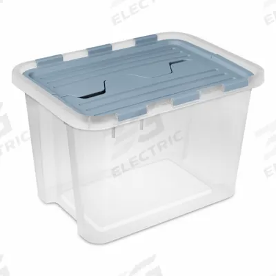 STERILITE Storage Tote: 7.5 gal, 18 1/4 in x 13 in x 11 3/4 in, Clear Body, Blue Lid - Clearview Attached-Lid Totes with Two-Piece Lids