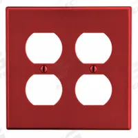HUBBELL Wall Plate: Duplex Outlet, 2 Gang, Red, Std Size (MPN P82R). Key specifications — Brand: HUBBELL; Material: Polycarbonate.
