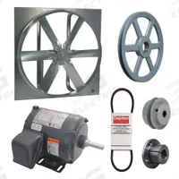 Exhaust Fan with Drive Package: Belt Drive, 30 in Blade, 1/4 hp, 7,069 cfm, 230/460V AC, 3 ph (MPN 7CC87). Key specifications — Frame Finish: Zinc Plated; Assembled: Unassembled; Brand: DAYTON; Nameplate Voltage: 230/460V AC; Frame Material: Steel; Guard Type: None; Motor Type: 3-Phase; Motor Insulation: Class B.