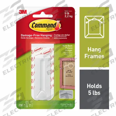 COMMAND Picture Hanger: 5 lb Wt Capacity, 1 Points per Hook, White, 3 in Overall Ht - Picture & Poster Hanging Adhesive-Backed Hooks