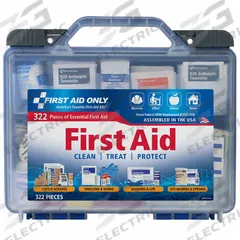 FIRST AID ONLY First Aid Kit and Housing: Gen Purpose, 50 People Served, 322 Components, Plastic (MPN 91413). Key specifications — Adhesive Bandages Included: (20) Butterfly Wound Closures; Application: General Purpose; Brand: FIRST AID ONLY; Housing Color: Blue; Housing Material: Plastic; Includes Oral or Inhalant Medication: No Medication Included; Mountable: Portable; Oral and Inhalant Medicinals Included: No Oral/Inhalant Medicinals.