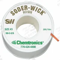 CHEMTRONICS Desoldering Wick: Rosin Flux, # 3, 0.08 in, 25 ft, Green, Std, ROL0 (MPN 50-3-25). Key specifications — Color: Green; Brand: CHEMTRONICS; Manufacturer Part Number: 50-3-25.