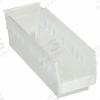 AKRO-MILS Shelf Bin: 11 5/8 in Overall Lg, 4 1/8 in x 4 in, Clear, Nesting Capable, Not Hangable (MPN 30120SCLAR). Key specifications — attr1179622: AKRO-MILS; attr1179611: 0%; attr1179616: 30120SCLAR; attr1179624: Dividers Not Included; attr1249172: Not Electrostatic Discharge Conductive.