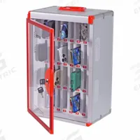 VICTOR Cell Phone Locker: 12 3/4 in x 8 5/8 in x 18 1/2 in, 32 Lockers, 1 in x 4 in, Aluminum, Keyed (MPN PB032). Key specifications — attr117739: Surface; attr65883: VICTOR; attr117741: Gray/Red; attr117751: Aluminum; attr117754: Assembled.