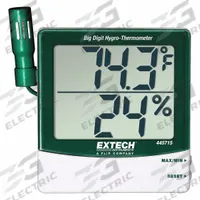 EXTECH Digital Hygrometer: 10%to 99% Humidity Range, Temp, Cabled Sensor (MPN 445715-NIST). Key specifications — Primary Scale: Temperature; Secondary Scale: Humidity; Display Type: Digital; Brand: EXTECH.
