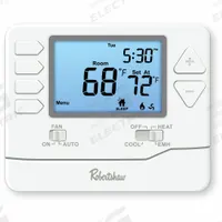 ROBERTSHAW Digital Wall Thermostat: Heat and Cool, Manual, B/C/G/O/R/W2/W/E/Terminal Designations (MPN RS9210). Key specifications — Application: Heat and Cool; Stages: 2H/1C; Programming Capability: Not Programmable; Shape: Square; Terminal Designations: B; Temperature Control Range: 44° to 90°F; Changeover Type: Manual; Brand: ROBERTSHAW.