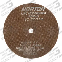 NORTON Cutoff Wheels: Type 1, 8" x 0.035" x 1/2", A60-OBNA2 (MPN 66253043014). Key specifications — Brand: NORTON; Wheel Hardness: O.