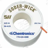 CHEMTRONICS Desoldering Wick: Rosin Flux, # 4, 0.11 in, 25 ft, Blue, Std (MPN 50-4-25). Key specifications — Color: Blue; Brand: CHEMTRONICS; Manufacturer Part Number: 50-4-25.