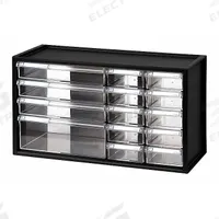 WESTWARD Drawer Bin Cabinet: 17 3/4 in x 7 in x 9 3/4 in, 14 Drawers, Stackable, Polystyrene, Black (MPN 31TT95). Key specifications — attr66719: Polystyrene; attr66728: Yes; attr66722: Clear; attr66720: Drawer; attr66714: Assembled; attr66726: (10) 1-1/2 in x 3-1/2 in x 6-1/4 in; attr66716: Black; attr66753: Polystyrene.