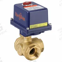 DYNAQUIP CONTROLS Electrically Actuated Three-Way Ball Valve: 1 1/2 in, Brass, 120V AC, L Flow (MPN EYHG7AUE25). Key specifications — Included Mounting: ISO 5211 Actuator Mounting Pad; Brand: DYNAQUIP CONTROLS; Actuator Features: Manual Override.